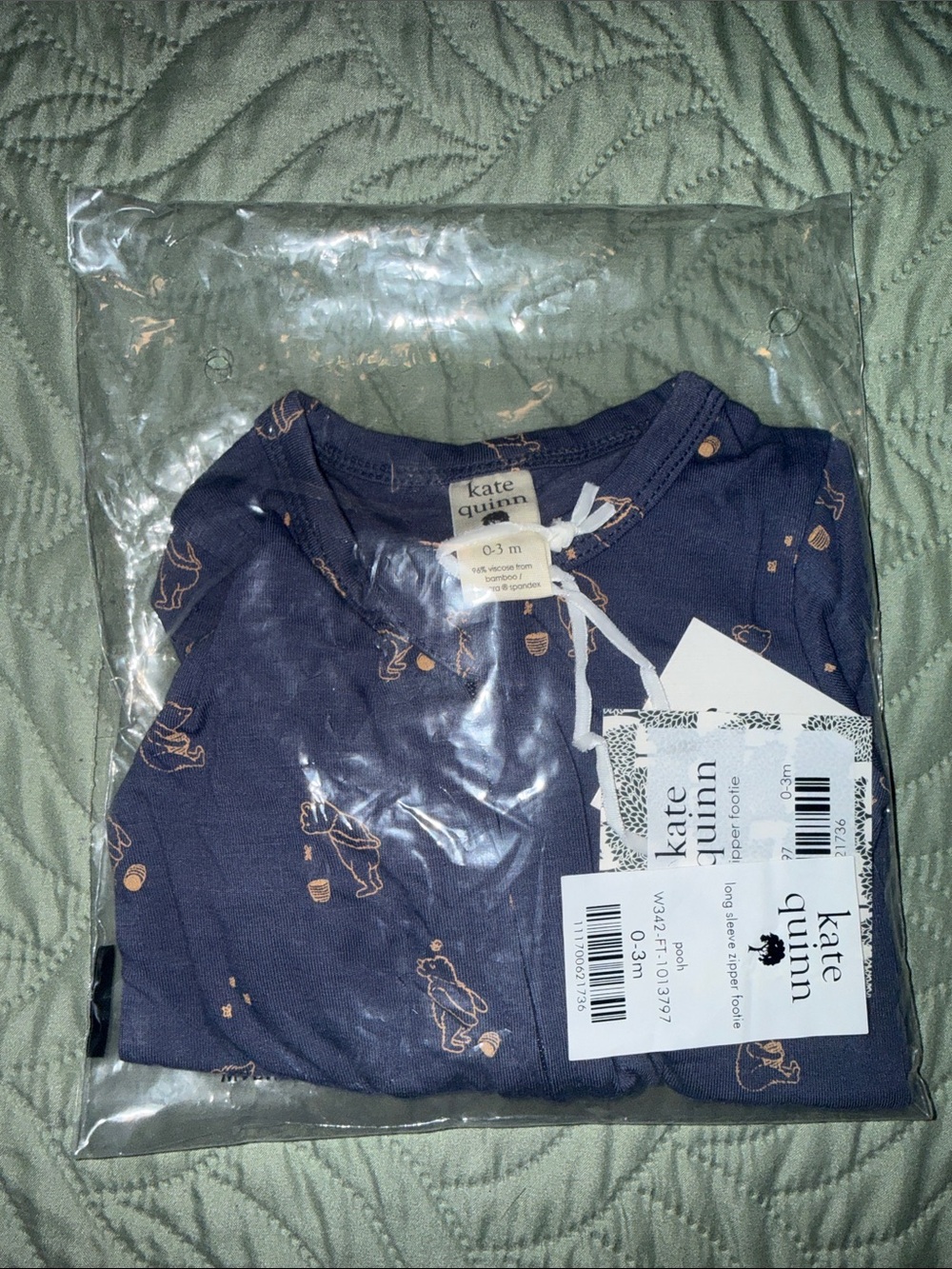 kate quinn Navy footie with gold Pooh print